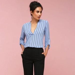 Lush V-sionary Black and Light Blue Striped Top